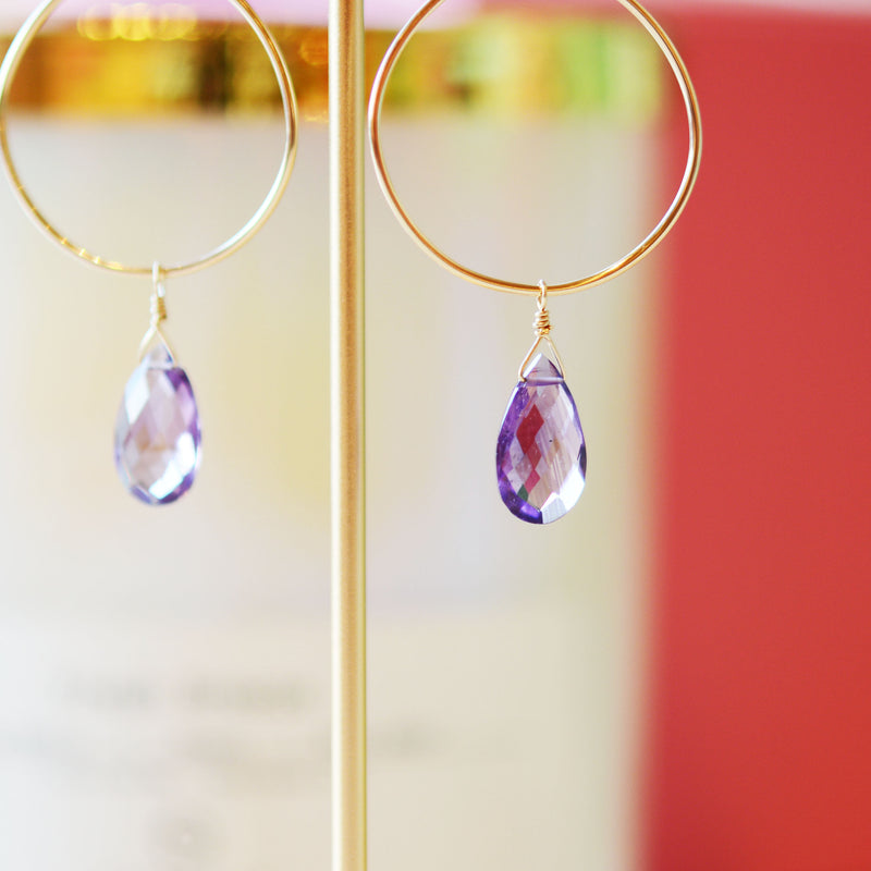 Amethyst drop Hoop Earrings