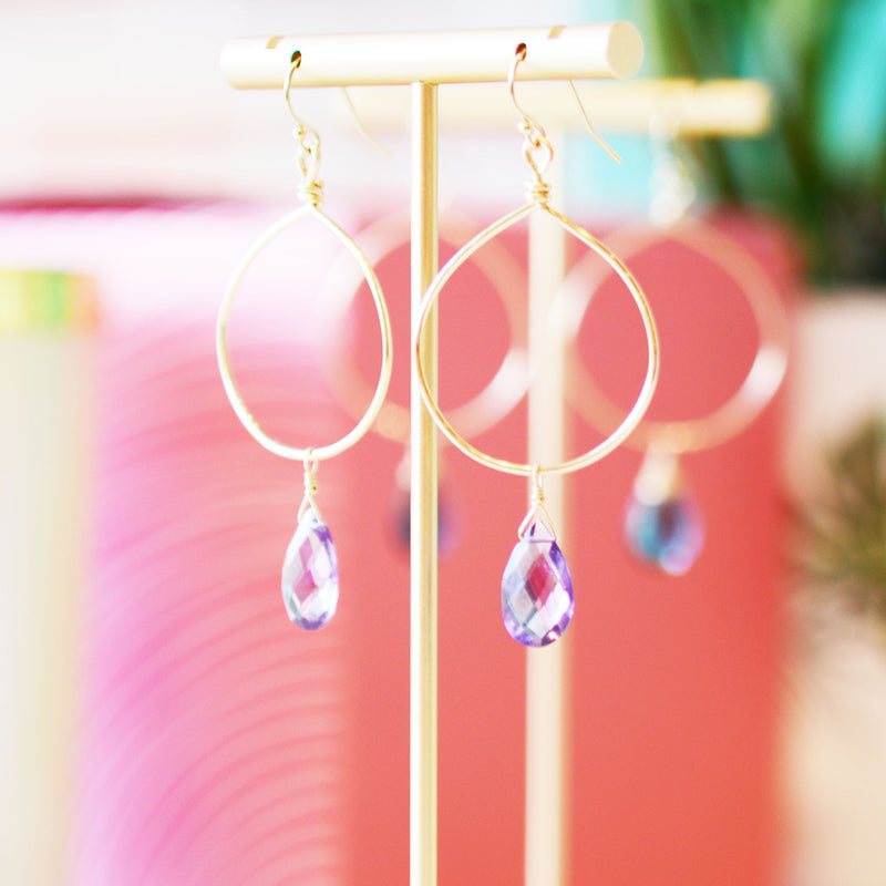 Amethyst drop Hoop Earrings