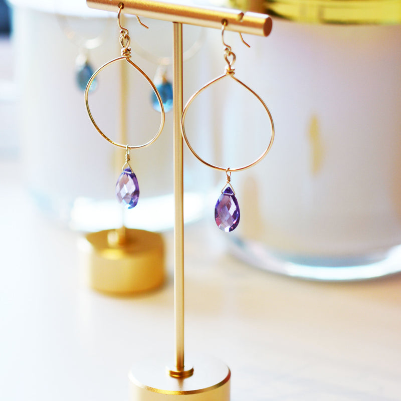 Amethyst drop Hoop Earrings