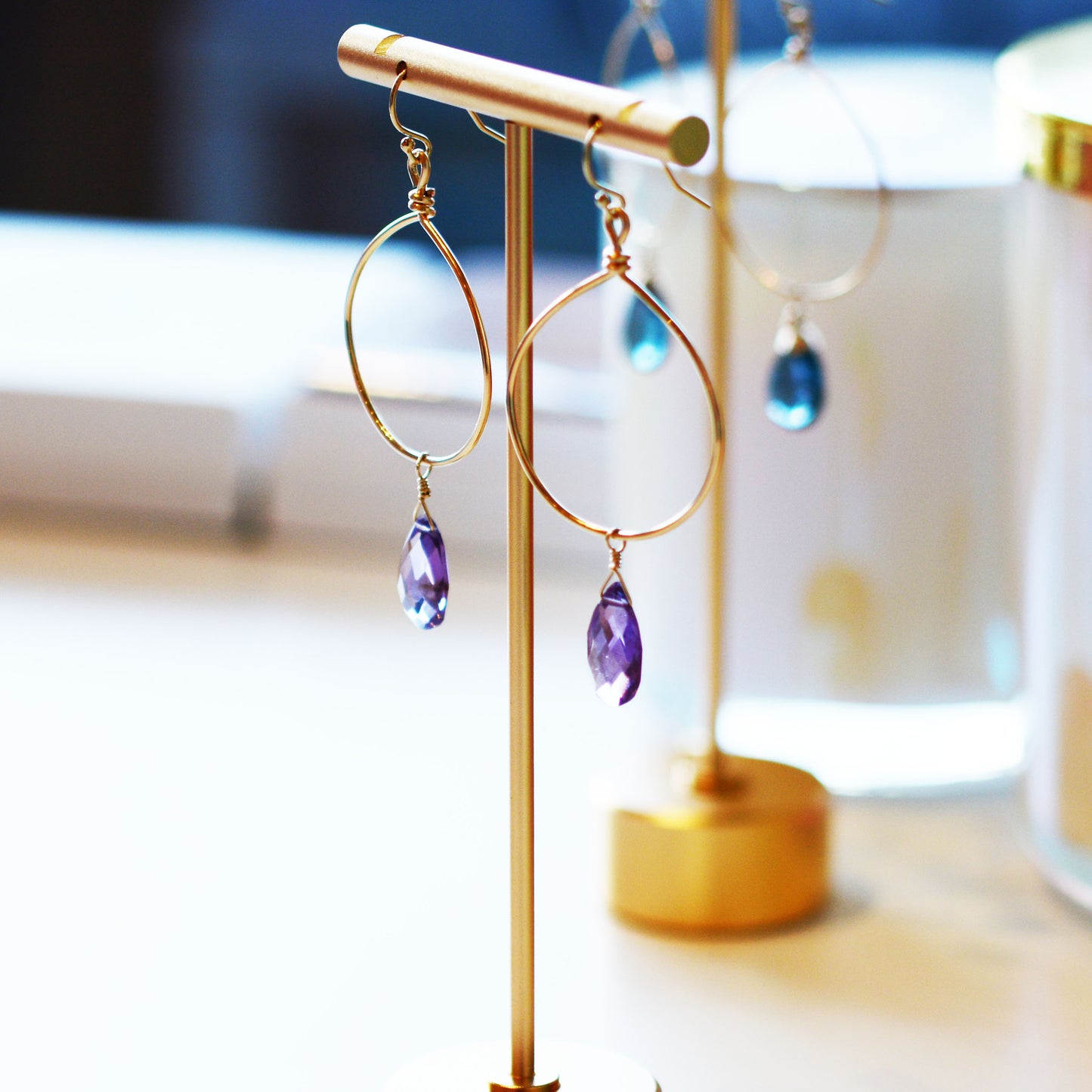 Amethyst drop Hoop Earrings