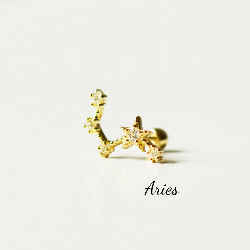 Constellation Zodiac Sign Barbell  14K Solid Gold Cartilage Earrings