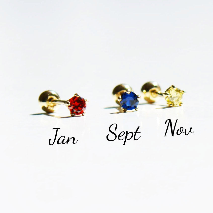 14K Solid Gold Birthstone Stud Earrings, Dainty 14K Gold Screw Back