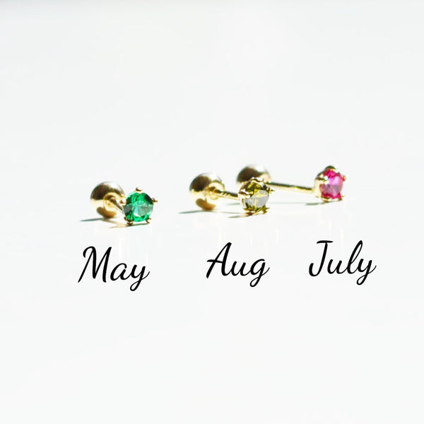 14K Solid Gold Birthstone Stud Earrings, Dainty 14K Gold Screw Back