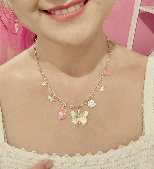 Butterfly, Flower, Ribbon Charm Necklace